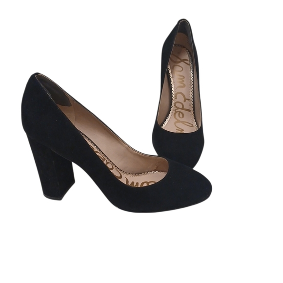 Sam Edelman Stillson Black Suede Leather Pumps Sz 7 Block Heel Office Chic Glam - Picture 3 of 16